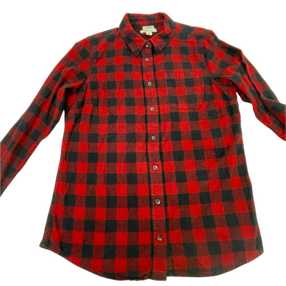 LL Bean Mens Medium Slightly Fitted Red Black Buffalo Plaid Flannel Shirt